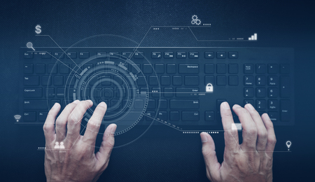 Hand working on computer keyboard. Computer programmer, software and web development technology