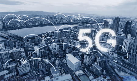 Network connection technology in the city, with 5g internet networking signの写真素材