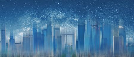 Futuristic city at night with starry sky background. Abstract modern blue building backgroundの写真素材
