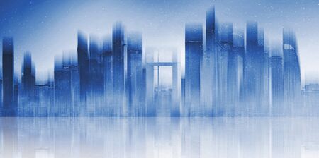 Futuristic modern building in the city with reflection on concrete floor. Abstract city backgroundの写真素材