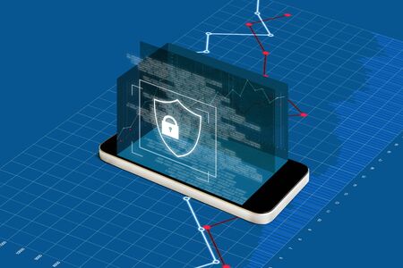 Mobile phone security, digital data safety and mobile banking, financial security technology. Mobile smart phone with augmented reality security lock screen and blue financial graphの写真素材