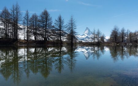 Panoramic lake with Matterhorn mountain, Swiss Alps in Zermatt, Switzerlandの写真素材