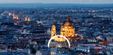 Panoramic, Budapest city skyline and St. Stephen's Basilica in twilightのeditorial素材