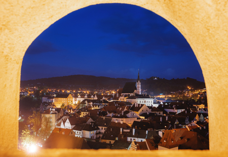 Cesky Krumlov city view through castle's window in Czech Republicのeditorial素材