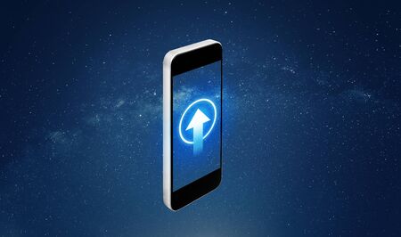 Mobile smart phone with arrow sign on screenの写真素材
