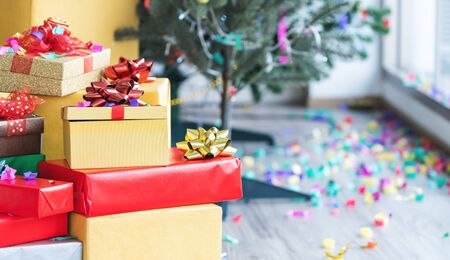 Gift boxes, Christmas present on wooden floor in Christmas morningの写真素材