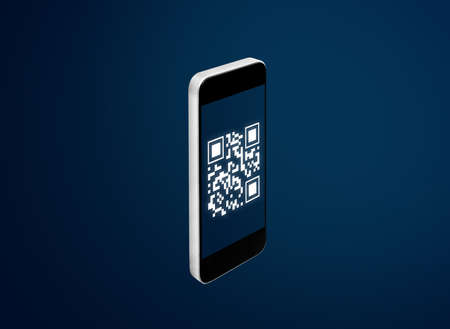QR code verification system technology. Mobile smart phone scanning QR code, on blue backgroundの写真素材