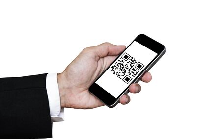 QR code scanning payment and verification. Hand using mobile smart phone scan QR code, isolated on white backgroundの写真素材