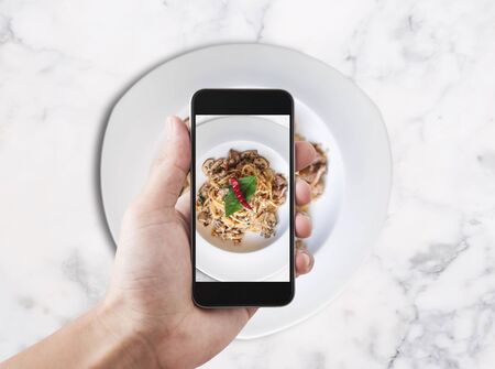Taking food photo, food photography by mobile smart phone, Spicy Stir Fry Spaghetti