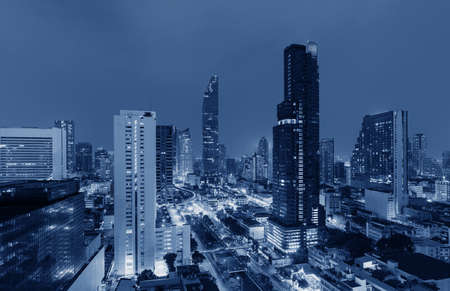 Futuristic blue cityscape. Bangkok city backgroundの写真素材