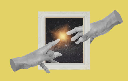 Digital collage modern art. Hands reaching with picture frameの写真素材