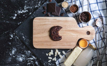 Chocolate brownie cookie, with bite mark. Homemade dessert and bakeryの写真素材