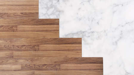 Wood and white marble stone texture background. Wooden and marble stone floorの写真素材