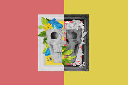 Digital collage modern art, Black and white skull, with leaves and flowerの写真素材