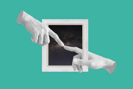 Digital collage modern art. Hands, pointing finger through out of picture frameの写真素材