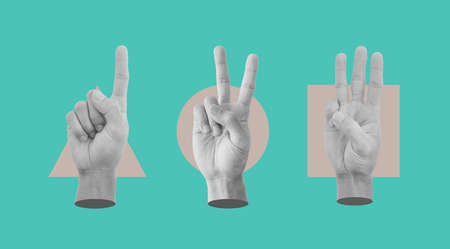Digital collage modern art. Hands counting one tow, and tree, with different geometryの写真素材