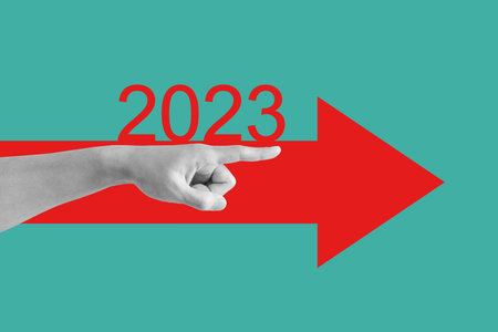 New Year concepts, Hand pointing finger, with red arrow and new year 2023の写真素材