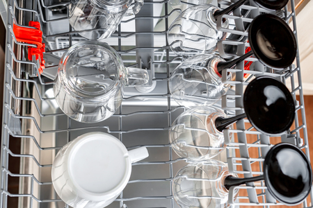 Clean glasses and cups in the basket after washing in the dishwasher. Top viewの写真素材