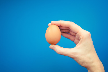 hand holds a brown egg with two fingers, blue backgroundの写真素材