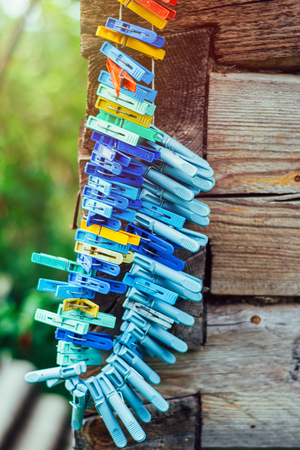 colored clothespins on clothesline on wooden wall backgroundの写真素材