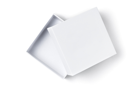 White open cardboard gift box on white background isolated, close up top view