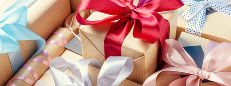 gift boxes with red and blue ribbons. long banner