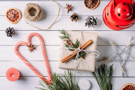 Christmas and New Year background with decoration, top view, flat layの写真素材
