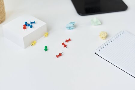 Modern workspace background. Workplace with office supplies and sticky notes on table