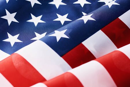 Close up of waving national usa american flag as background. Concept of Memorial or Independence Day...
