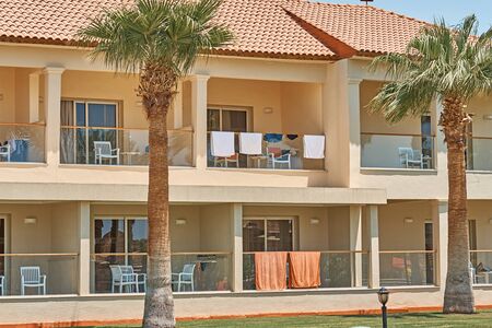 Facade of hotel rooms in tourist resortのeditorial素材