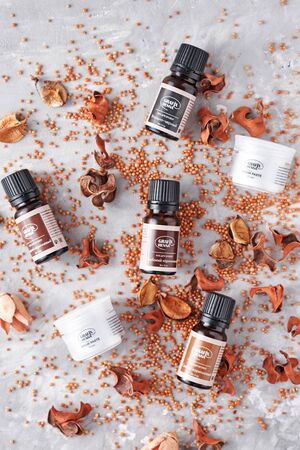 Dobrush, Belarus - October 27, 2019: natural henna powder in bottles with inscription Grafix and eyelash brush, close upのeditorial素材