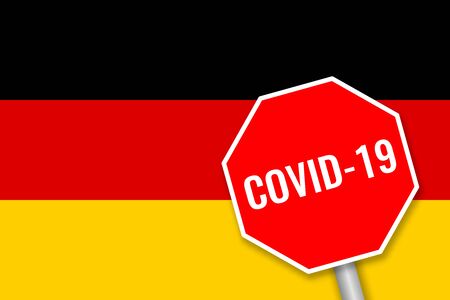 Coronavirus COVID-19 outbreak in Germany. German flag with inscription covid-19 on prohibition signのイラスト素材