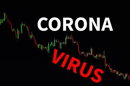 Impact of coronavirus COVID-19 on the global economy, financial crisis. Market price charts and inscription CORONAVIRUS on dark backgroundの写真素材