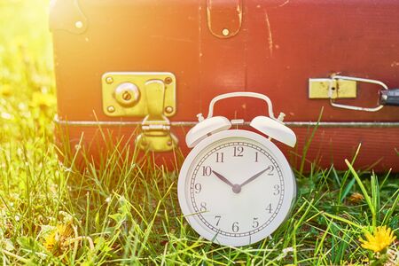 White vintage alarm clock and retro suitcase on grass with dandelion flowers in summer dayの写真素材