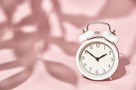 White alarm clock and leaves shadows on pastel pink background. Creative minimal time concept