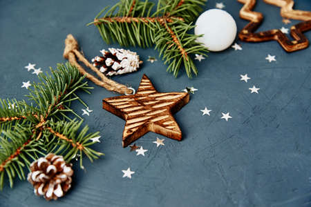 Christmas or New Year background with copy space. Christmas decorations on a dark background, top viewの写真素材