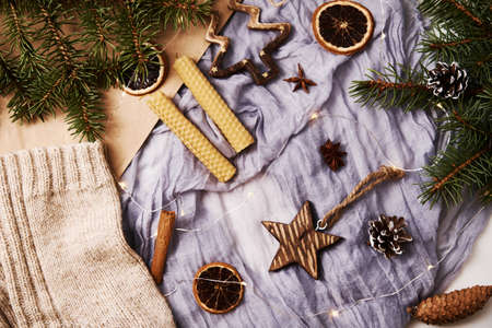 Christmas and New Year background. Composition with a christmas decorations, top view