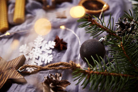 Christmas and New Year background. Composition with a christmas decorations, top view