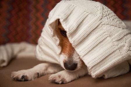 Jack Russell terrier dog keep warm under woolen sweater. Pet care conceptの写真素材