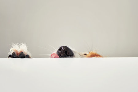 Jack Russell terrier dog eat meal from a table. Funny dog portrait with tongue on white backgroundの写真素材