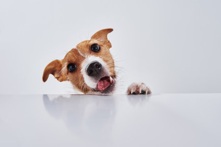 Jack Russell terrier dog eat meal from a table. Funny dog portrait on white backgroundの写真素材