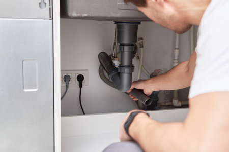 Male plumber repair sink pipe in the kitchenのeditorial素材