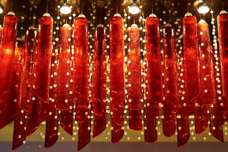 Red lanterns lamp hanging down from the ceilingの写真素材