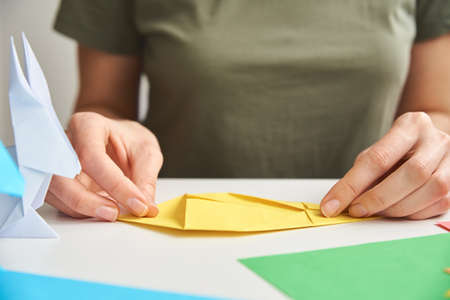 Origami lessons. Woman make origami easter rabbit from color paper. DIY conceptの写真素材