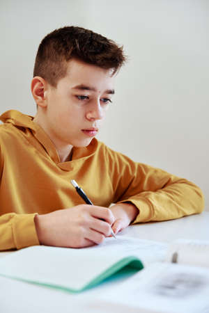 Teenage boy write homework at home. Education concept