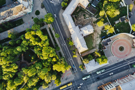 Cityscape of Gomel, Belarus. Aerial view of town architecture. Crossroad in city with cars traffic