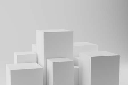 3d illustration of white cubes. Geometric square blocks pattern. Podium for presentation product. Volumetric abstract backgorundの写真素材