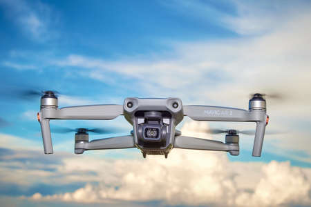 DJI Mavic Air 2 drone in the sky. Flying quadcopter. Dobrush, Belarus - 06.09.2021のeditorial素材