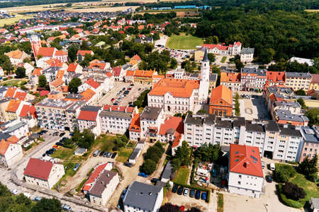 Aerial view of small european city with city streets and residential buildings. Katy Wroclawskie panoramic cityscapeの写真素材
