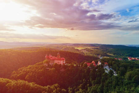 Ksiaz Castle near Walbzych at summer day, aerial view. Famous touristic place in Lower Silesia, Poland. Walbzych, Poland - August 18, 2021のeditorial素材